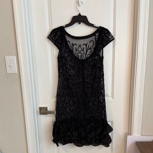 Guess Black Lace Overlay Mini Dress with Ruffle Hem
